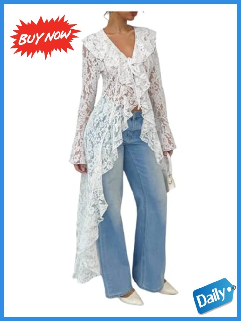 MakeMeChic Lace Blouse Sheer Mesh V-Neck Ruffle Long Sleeve Top